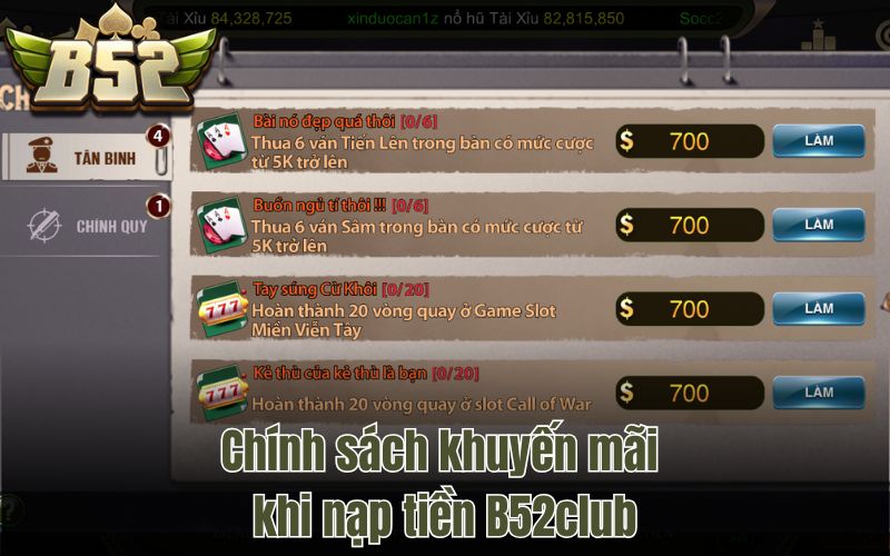 Chính sách khuyến mãi khi nạp tiền B52club